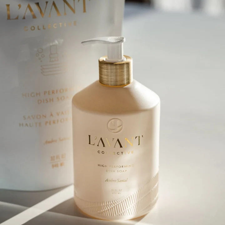 L’AVANT Ambre Santal High Performing Dish Soap 16 oz pump bottle displayed with matching 32 oz refill pouch