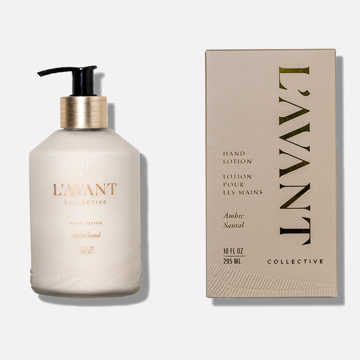 L’AVANT Collective Ambre Santal Hand Lotion 10 oz bottle with coordinating luxury gift box