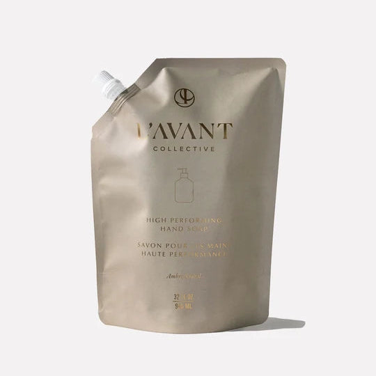 L’AVANT High Performing Hand Soap Refill in Ambre Santal, 32 oz refill pouch with white spout