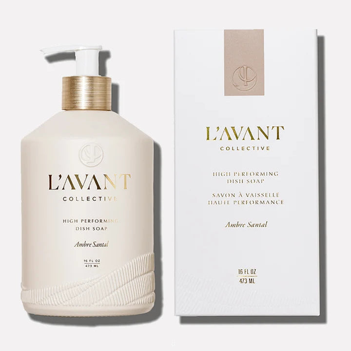 L’AVANT Collective Ambre Santal High Performing Dish Soap 16 oz bottle with luxury white and gold packaging