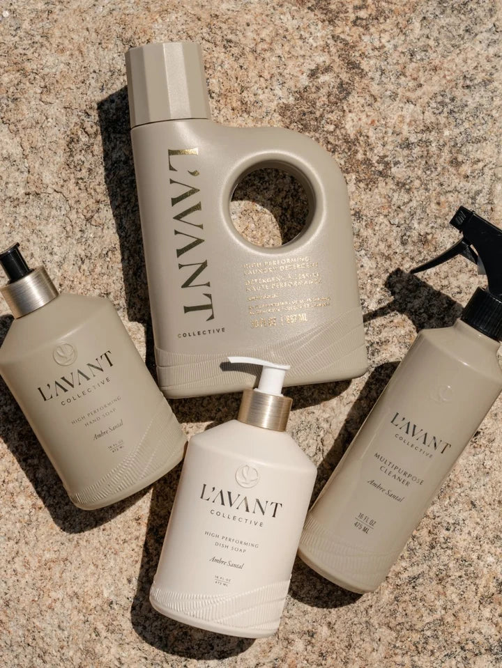 L’AVANT Collective Ambre Santal laundry detergent, dish soap, hand soap and multipurpose cleaner collection