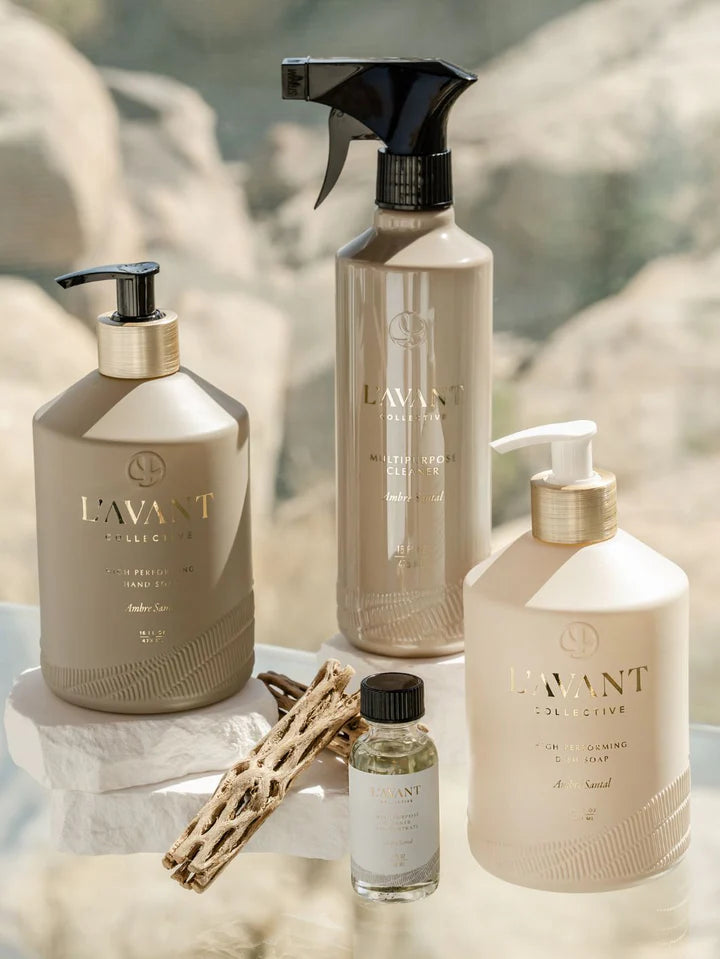 L’AVANT Ambre Santal home cleaning collection with hand soap, dish soap, multipurpose cleaner and concentrated refill