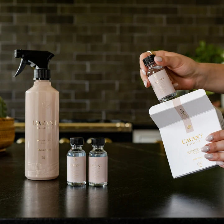 L’AVANT Blushed Bergamot multipurpose cleaner spray bottle with concentrated cleaner refills and refill packaging