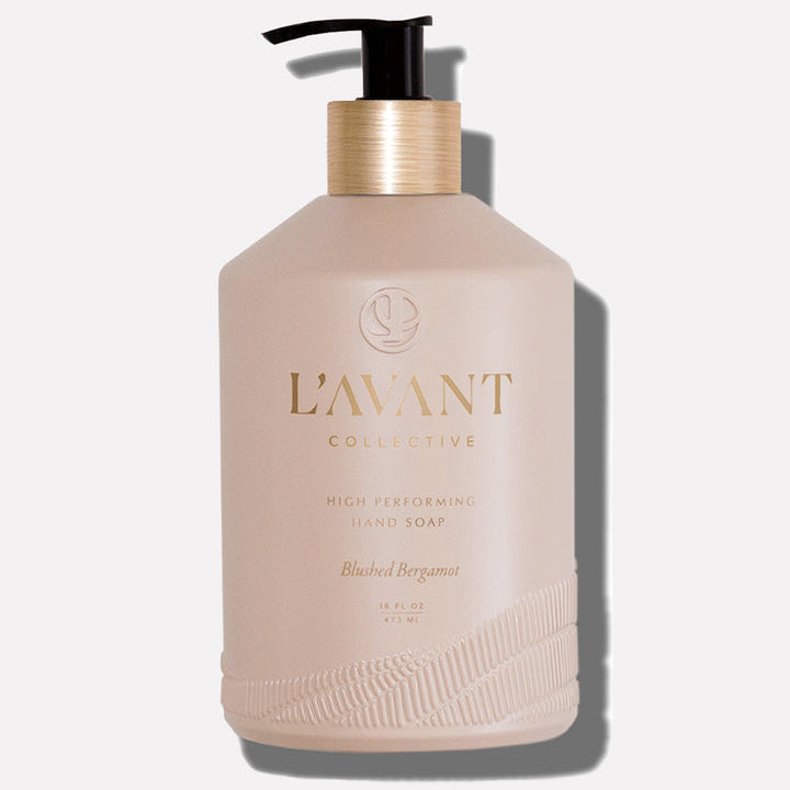 L’AVANT Blushed Bergamot High Performing Hand Soap 16 oz blush pink bottle with black pump and gold accents