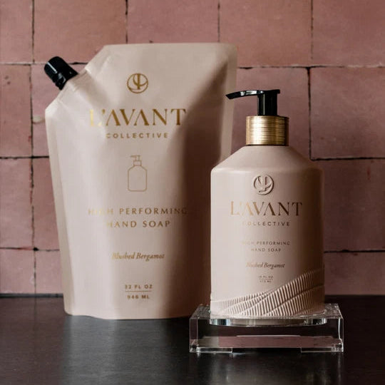 L’AVANT Blushed Bergamot High Performing Hand Soap bottle displayed with matching 32 oz refill pouch