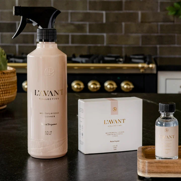 L’AVANT Collective Blushed Bergamot multipurpose cleaner spray bottle with concentrated cleaner refill and refill box