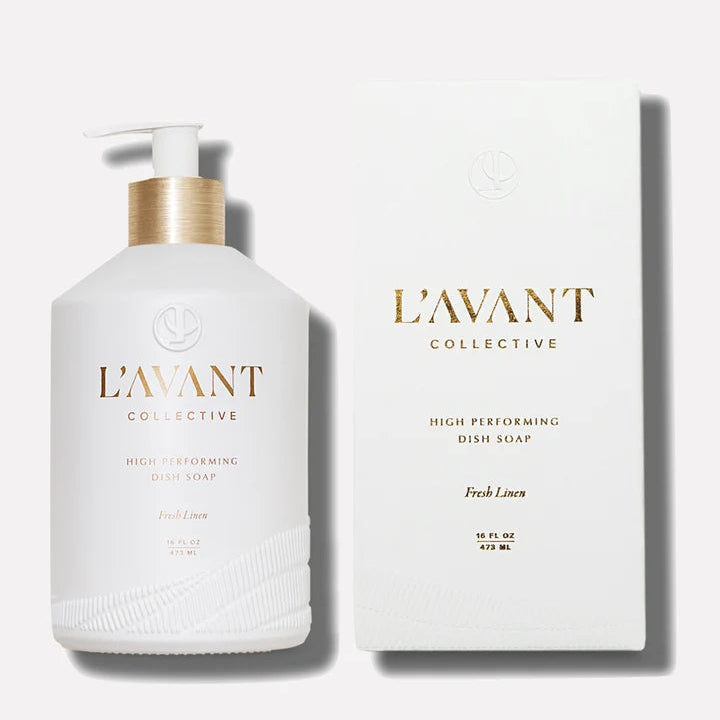 L’AVANT Collective Fresh Linen High Performing Dish Soap 16 oz pump bottle displayed beside its white product box