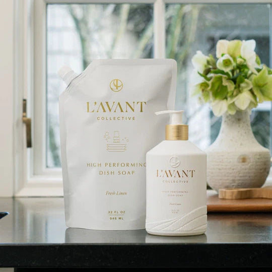 L’AVANT Fresh Linen Dish Soap with 32 oz refill pouch displayed on a kitchen counter