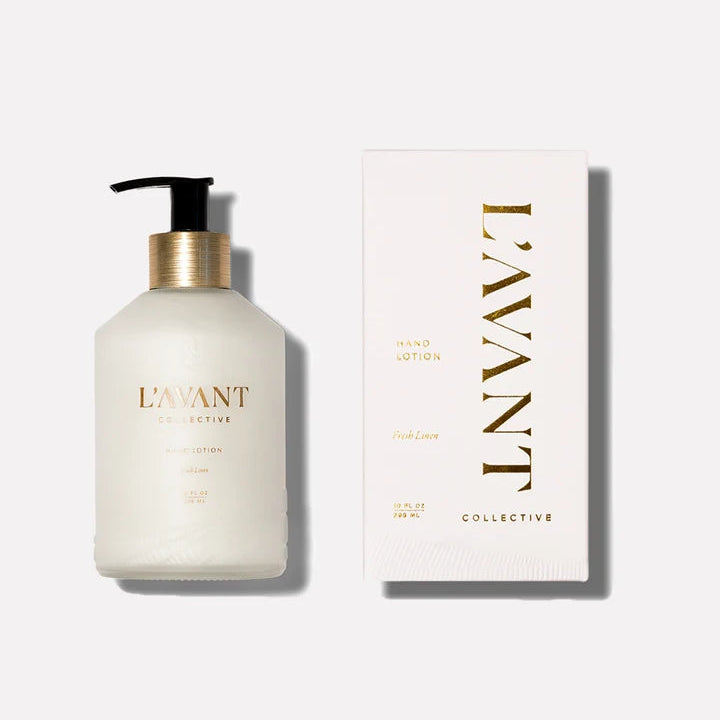 L’AVANT Collective Fresh Linen Hand Lotion 10 oz bottle with coordinating white and gold product box