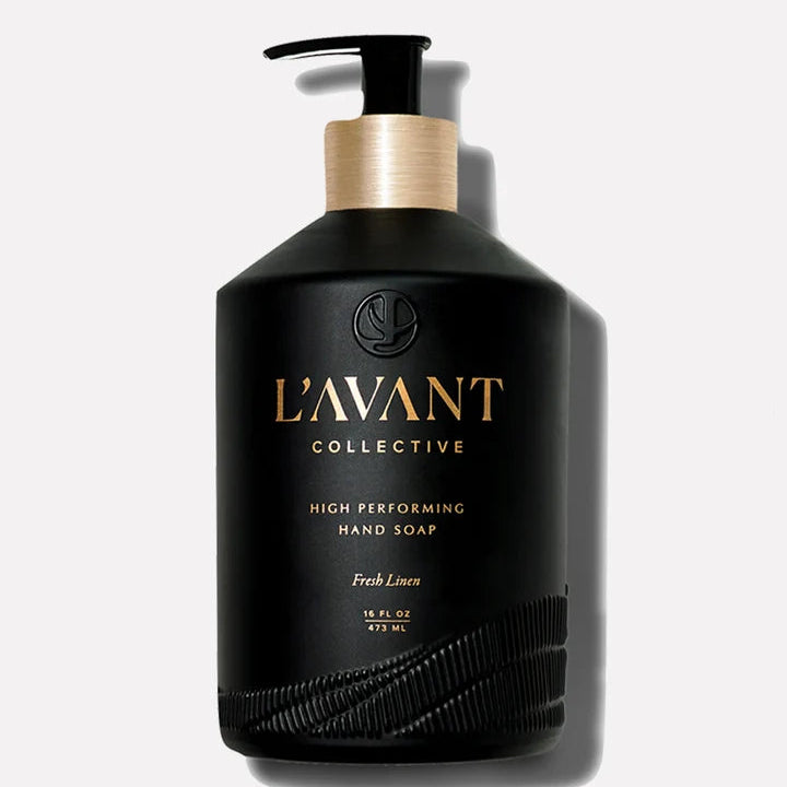 L’AVANT Collective Fresh Linen High Performing Hand Soap 16 oz black bottle with gold accents and pump dispenser