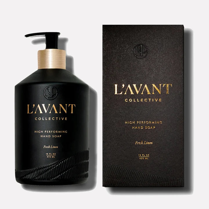 L’AVANT Fresh Linen High Performing Hand Soap 16 oz black bottle with coordinating black and gold box
