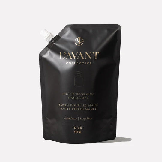 L’AVANT High Performing Hand Soap Refill in Fresh Linen, 32 oz black refill pouch with gold lettering