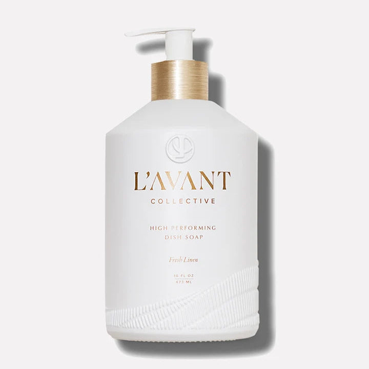 L’AVANT Collective Fresh Linen High Performing Dish Soap in a 16 oz white pump bottle with gold detailing