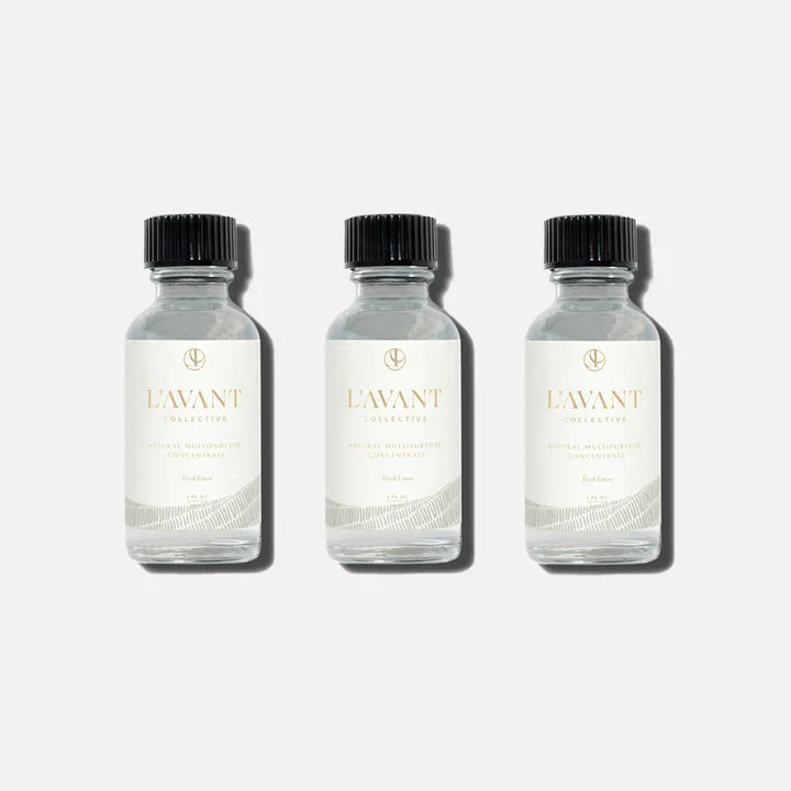 Three L’AVANT Collective Fresh Linen natural multipurpose cleaner concentrate refill bottles