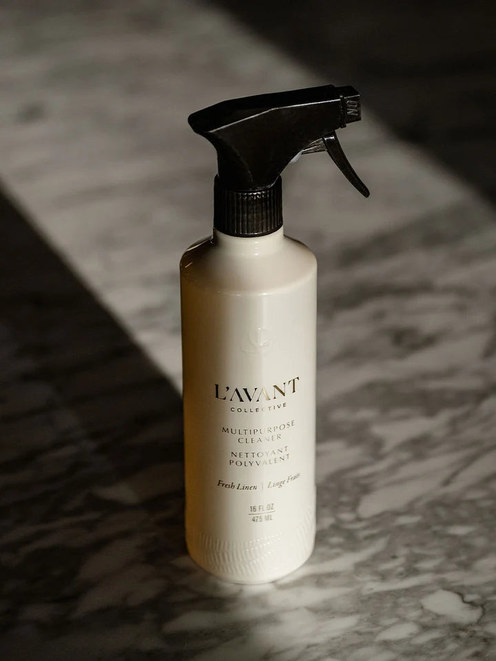 L’AVANT Fresh Linen Multipurpose Cleaner displayed on a marble surface