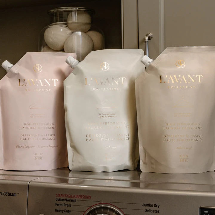 L’AVANT Collective laundry detergent refill pouches in Blushed Bergamot, Fresh Linen and Ambre Santal scents