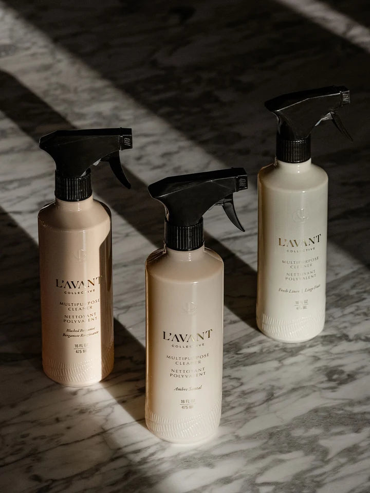 L’AVANT Multipurpose Cleaner bottles in Blushed Bergamot, Ambre Santal and Fresh Linen fragrances