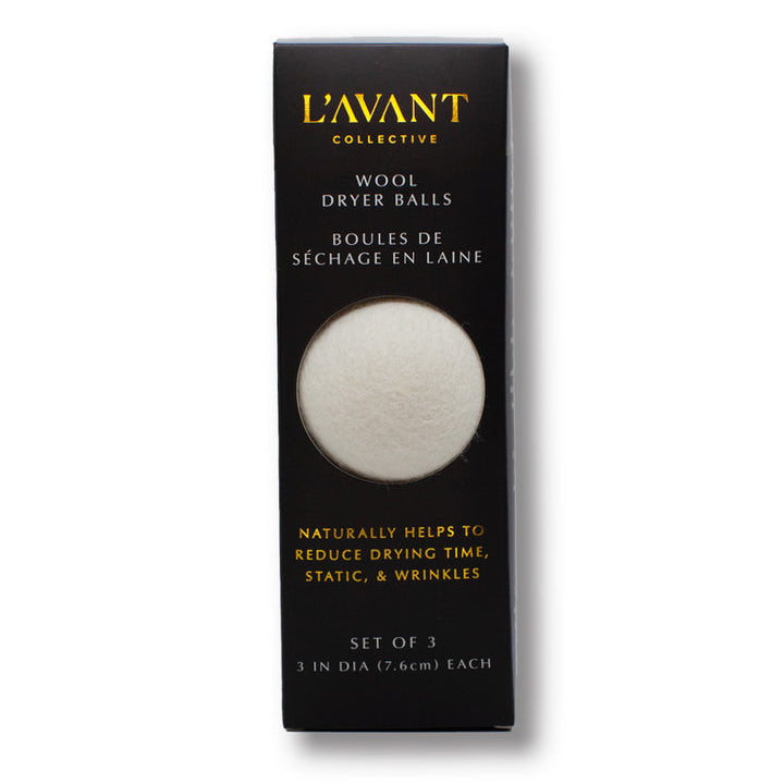 L’AVANT Wool Dryer Balls set of 3 in black packaging, designed to naturally reduce drying time, static and wrinkles.