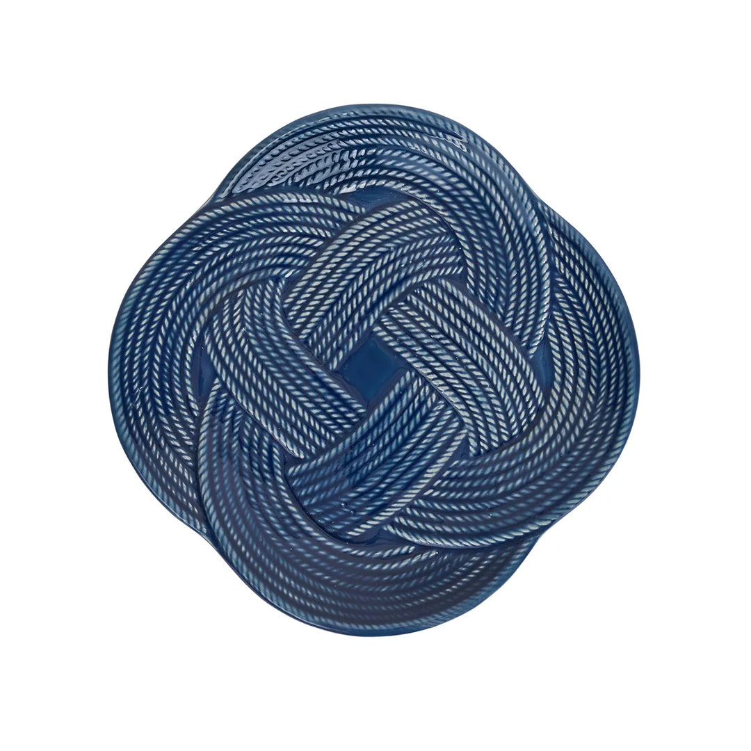 Le Panier Mystic Knot Dessert/Salad Plate in Denim featuring a woven basketweave border and decorative blue mystic knot accents.