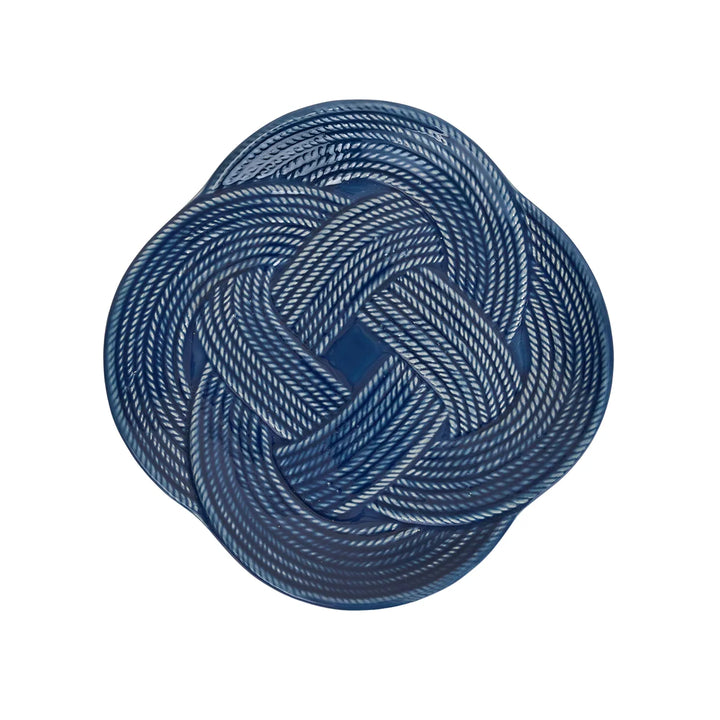 Le Panier Mystic Knot Dessert/Salad Plate in Denim featuring a woven basketweave border and decorative blue mystic knot accents.