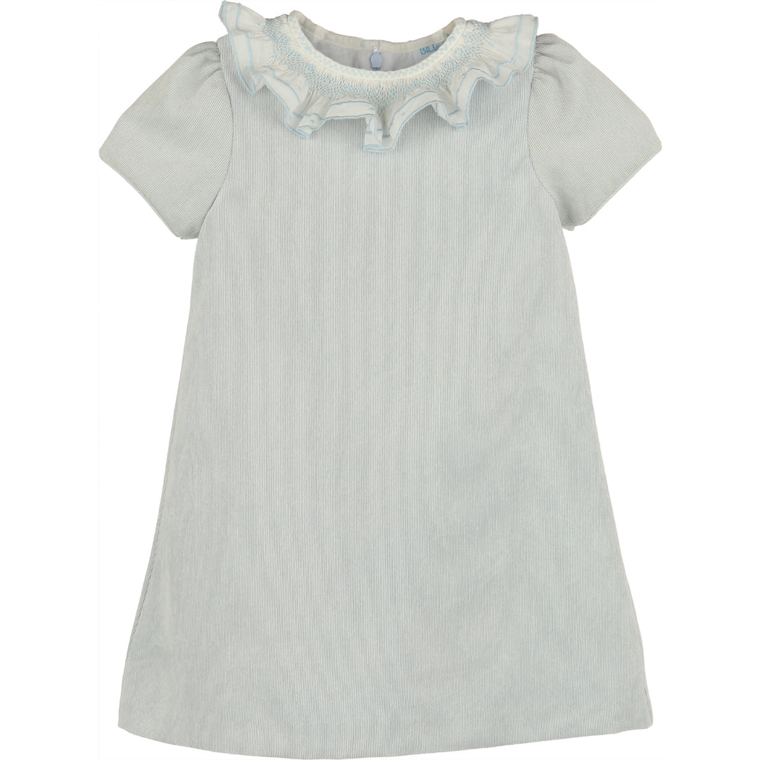 Light blue corduroy A-line girls dress with white ruffled smocked collar, blue embroidery, and short puff sleeves.
