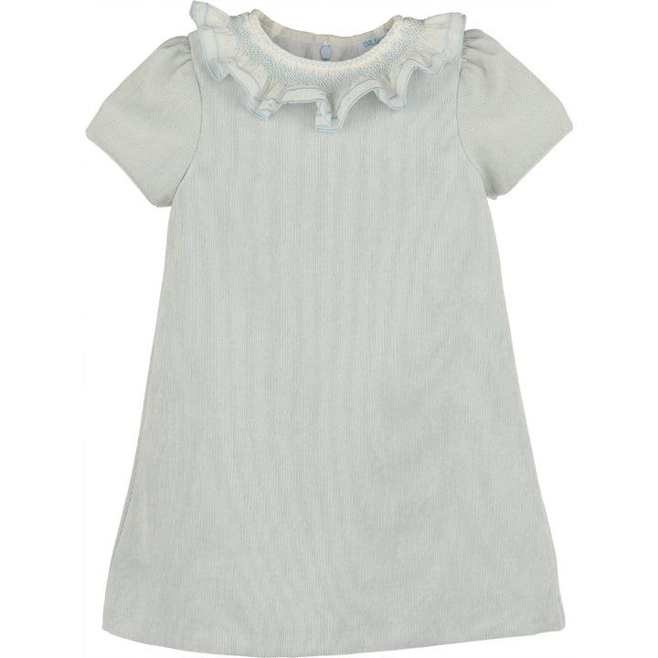 Light blue corduroy A-line girls dress with white ruffled smocked collar, blue embroidery, and short puff sleeves.