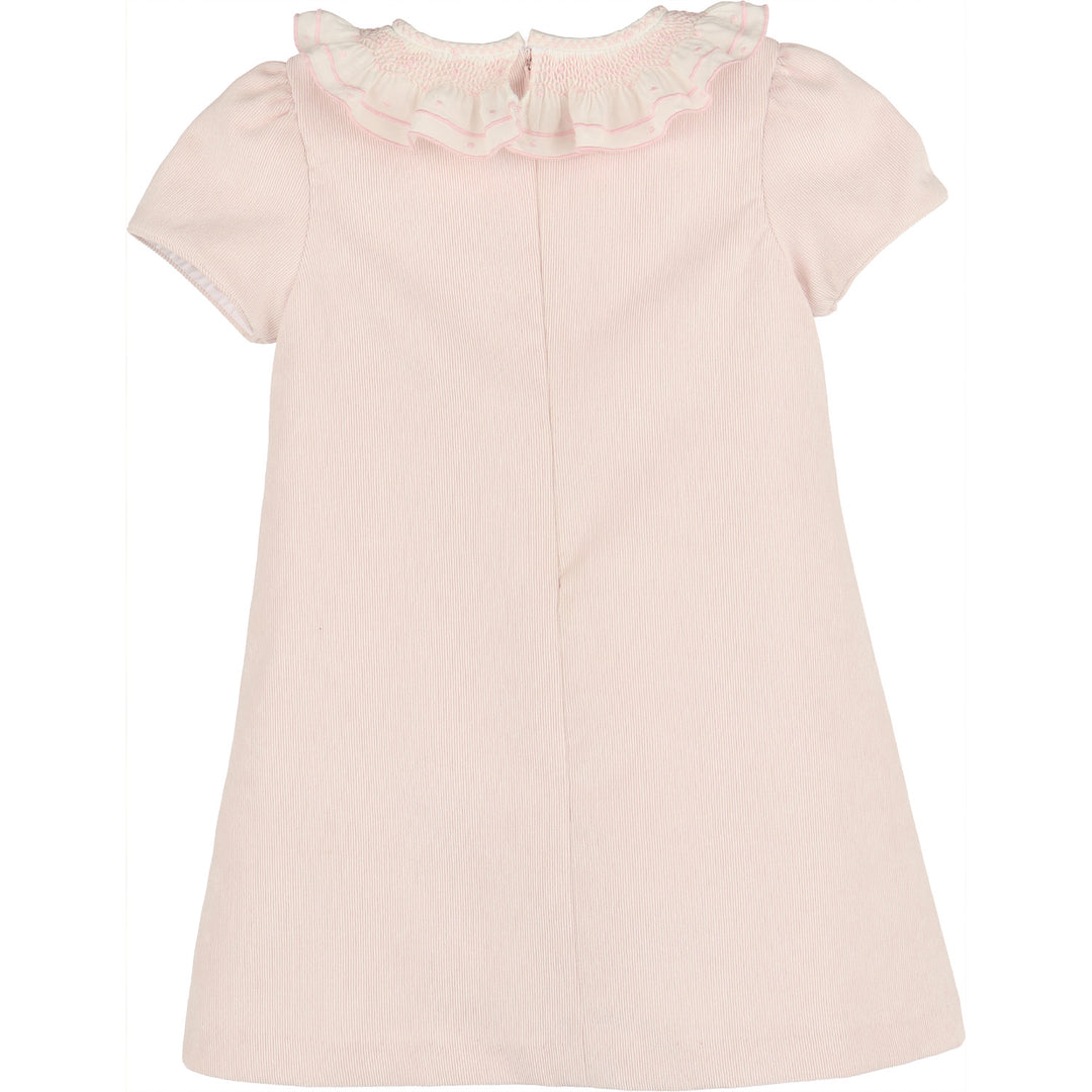 Back view of light pink corduroy A-line girls dress with white ruffled collar, pink embroidered trim, and short sleeves.
