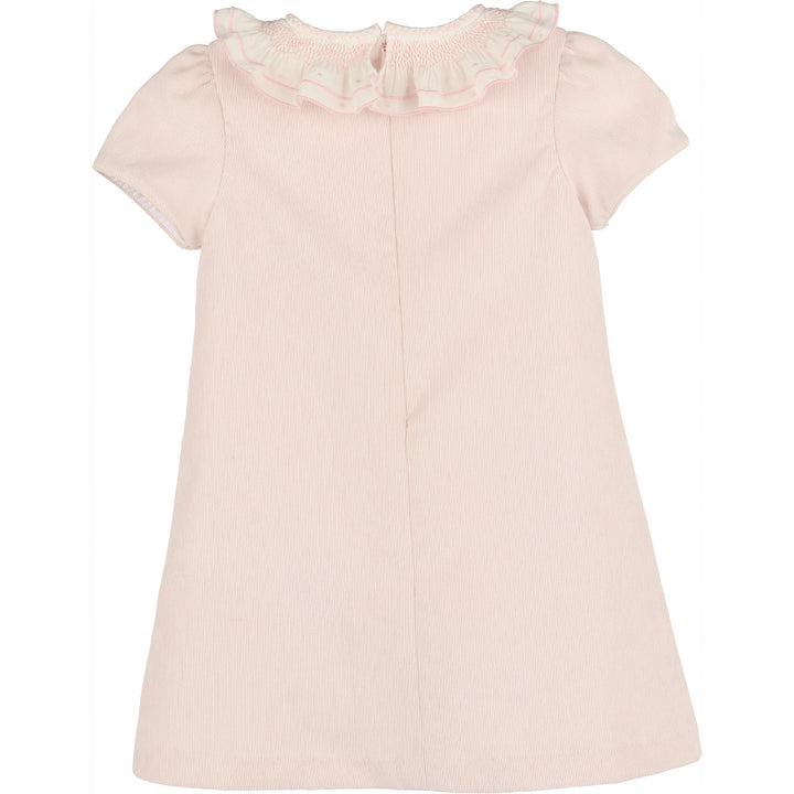 Back view of light pink corduroy A-line girls dress with white ruffled collar, pink embroidered trim, and short sleeves.
