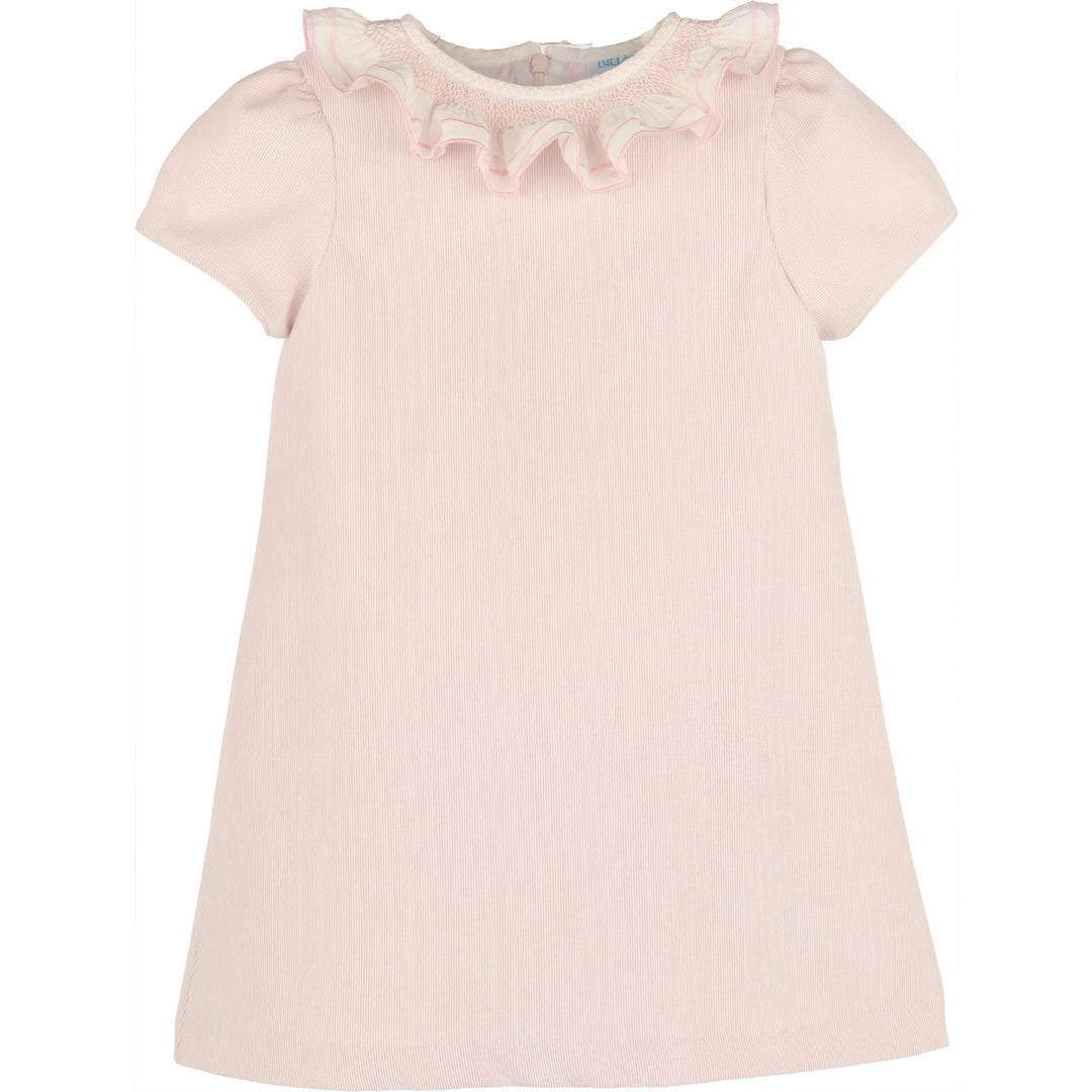 Light pinkcorduroy A-line girls dress with white ruffled smocked collar, pink embroidery, and short puff sleeves.
