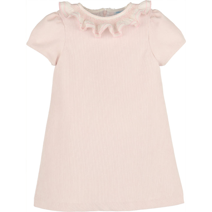 Light pinkcorduroy A-line girls dress with white ruffled smocked collar, pink embroidery, and short puff sleeves.