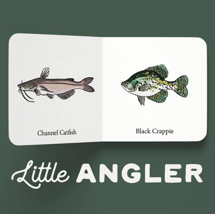 Little Angler book interior featuring illustrated Channel Catfish and Black Crappie