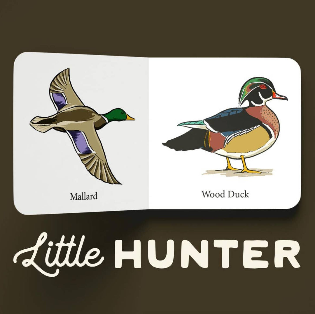 Little Hunter book interior featuring illustrated Mallard and Wood Duck