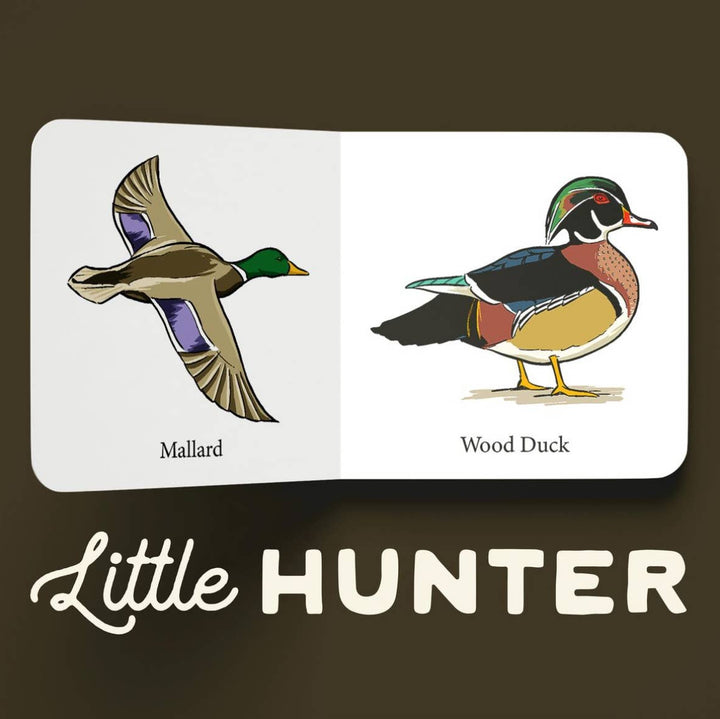 Little Hunter book interior featuring illustrated Mallard and Wood Duck