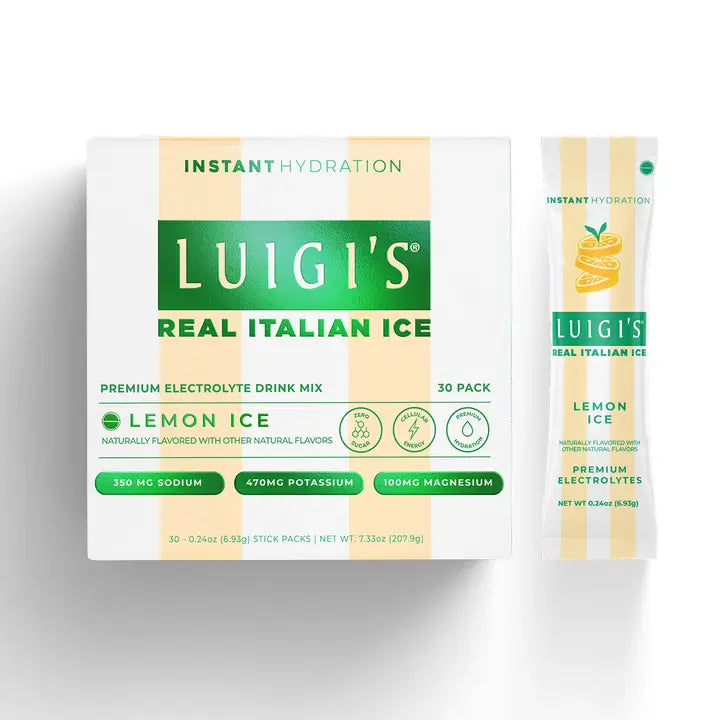 Luigi’s Lemon Ice Electrolyte Drink Mix 30-pack box with individual premium electrolyte stick packet