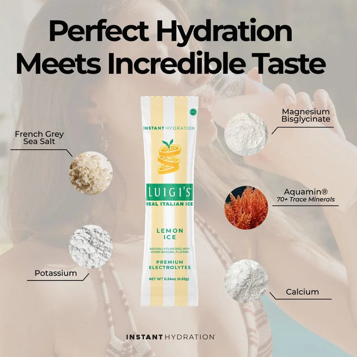 Luigi’s Lemon Ice electrolyte drink mix packet featuring magnesium, potassium, calcium, sea salt and trace minerals