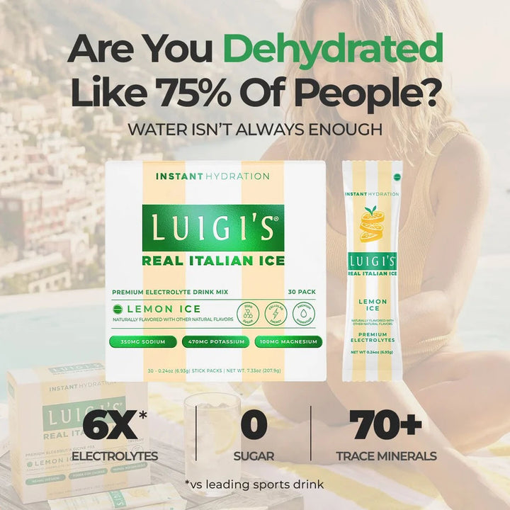 Luigi’s Lemon Ice Electrolyte Drink Mix box and stick pack featuring zero sugar and 70+ trace minerals