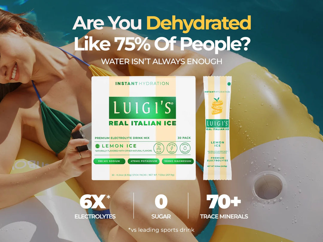 Luigi’s Lemon Ice Electrolyte Drink Mix 30-pack and stick packet featured in a summer poolside hydration scene