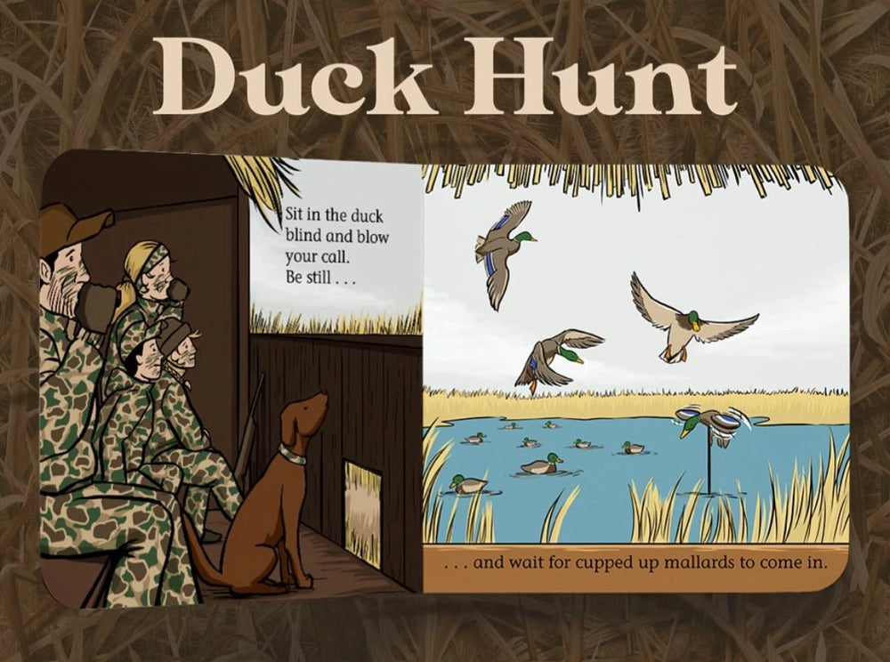 Mossy Oak Edition Duck Hunt children's book open to illustrated duck blind and mallard hunting pages