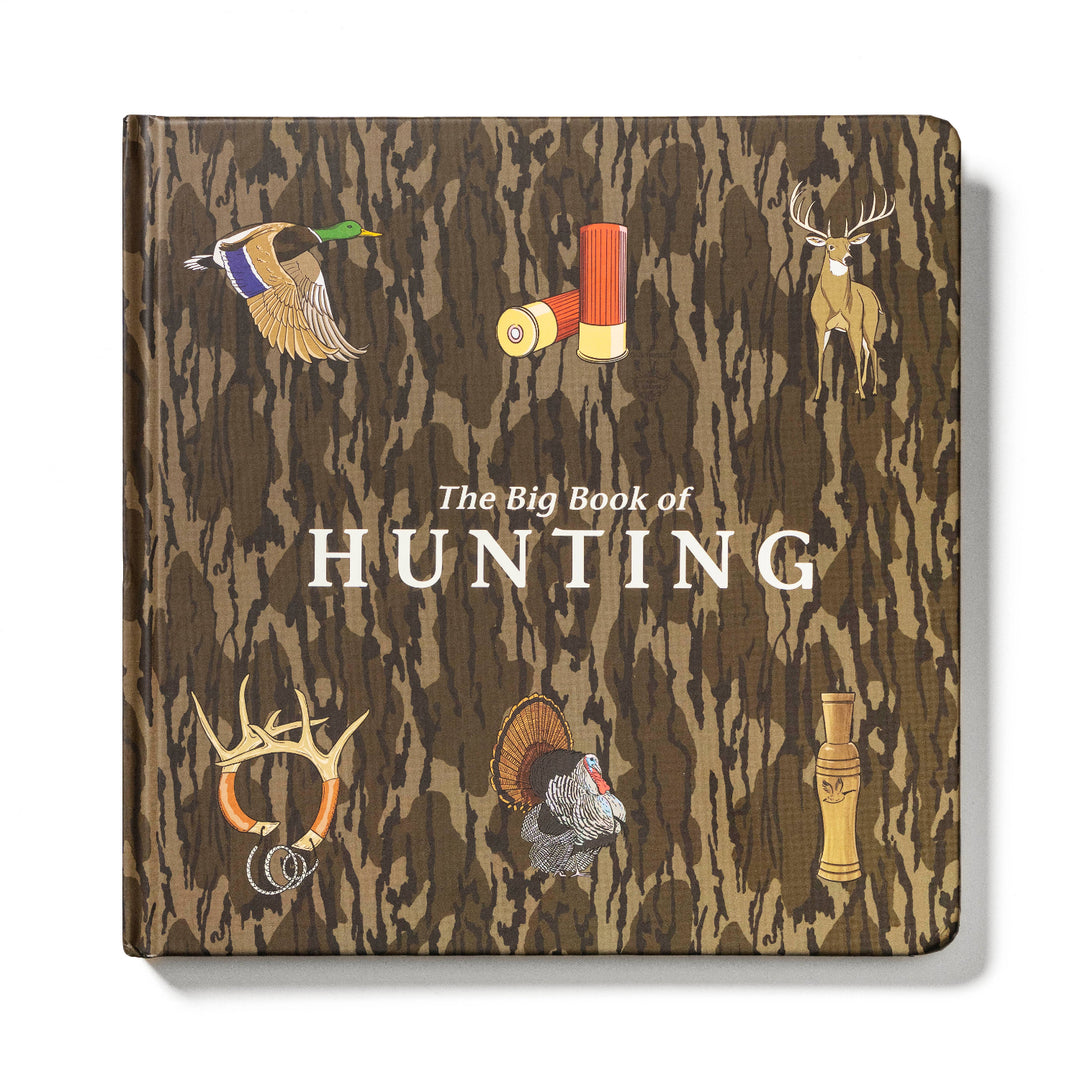 Mossy Oak Edition The Big Book of Hunting front cover with camouflage pattern and illustrated hunting animals and gear