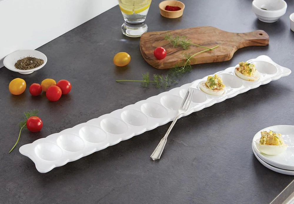 Scalloped Long Deviled Egg Tray & Fork Set