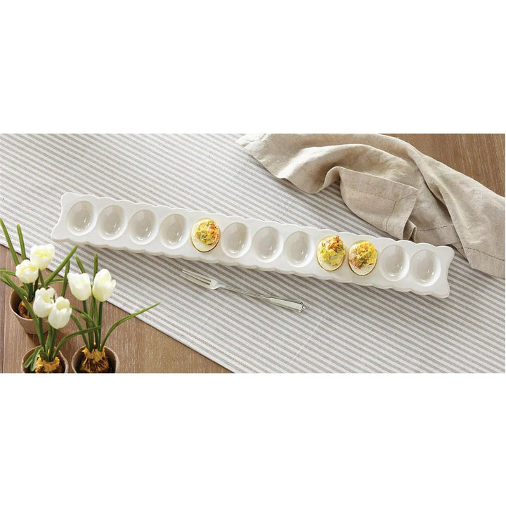 Scalloped Long Deviled Egg Tray & Fork Set