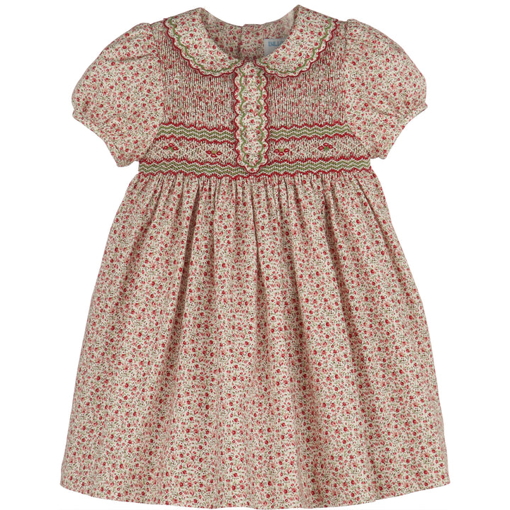 Mulberry Floral Smocked Dress with red floral print, hand-smocked bodice, scalloped collar, and puff sleeves