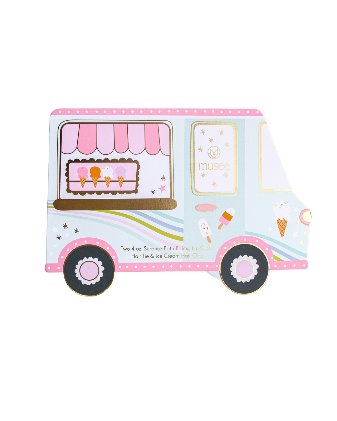 Musee ice cream truck bath balm and accessory set featuring two surprise bath balms, lip gloss, a hair tie, and ice cream hair clips.