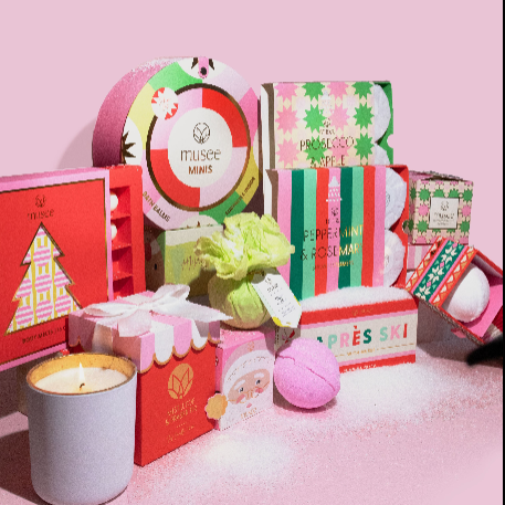Entire Musee holiday collection in the same scent as the Pink Santa Bath Balm.