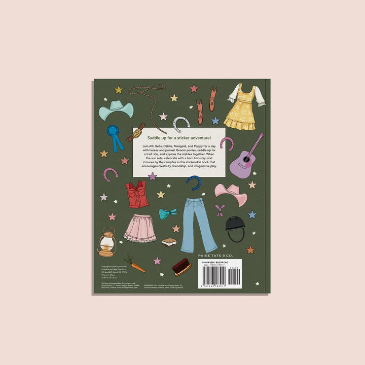 Back cover of My Fancy Sticker Storybook Horses &amp; Ponies featuring colorful horse-themed accessories, cowboy hats, boots, and a description of the activity book.