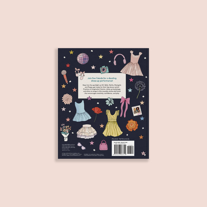 Back cover of My Sticker Storybook Dance Recital featuring illustrated dance clothes and accessories