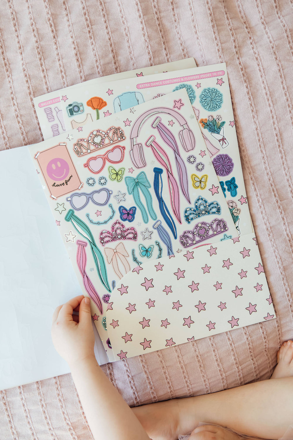 Reusable sticker sheets from My Sticker Storybook Dance Recital featuring dance accessories and costumes