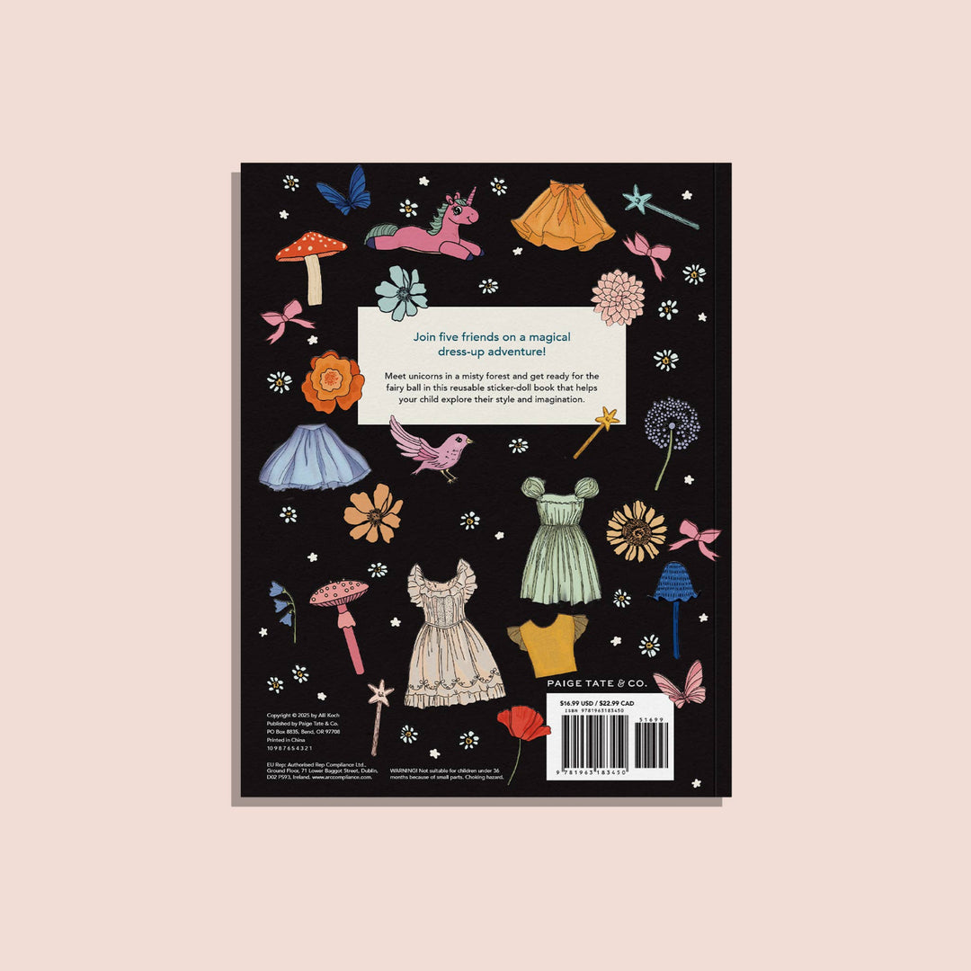 Back cover of My Sticker Storybook Fairies and Unicorns featuring magical dress-up illustrations