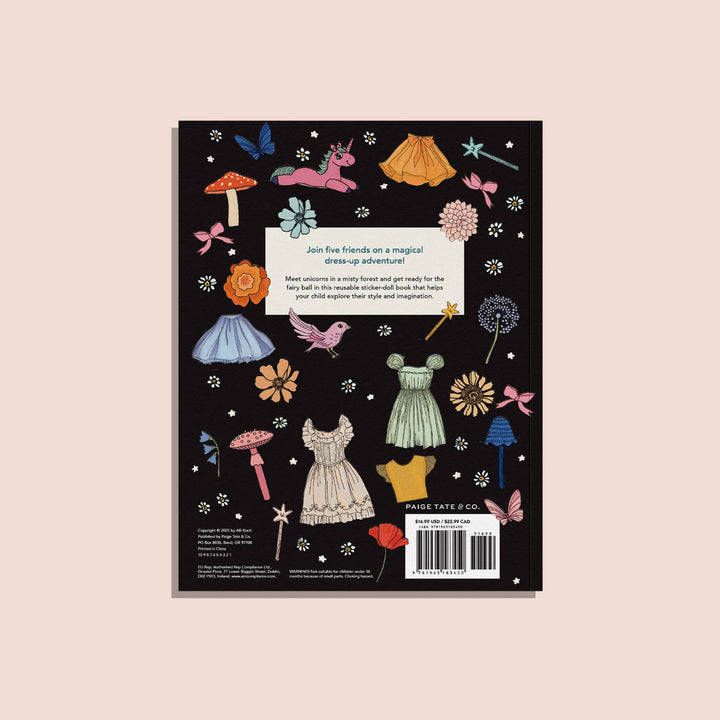 Back cover of My Sticker Storybook Fairies and Unicorns featuring magical dress-up illustrations