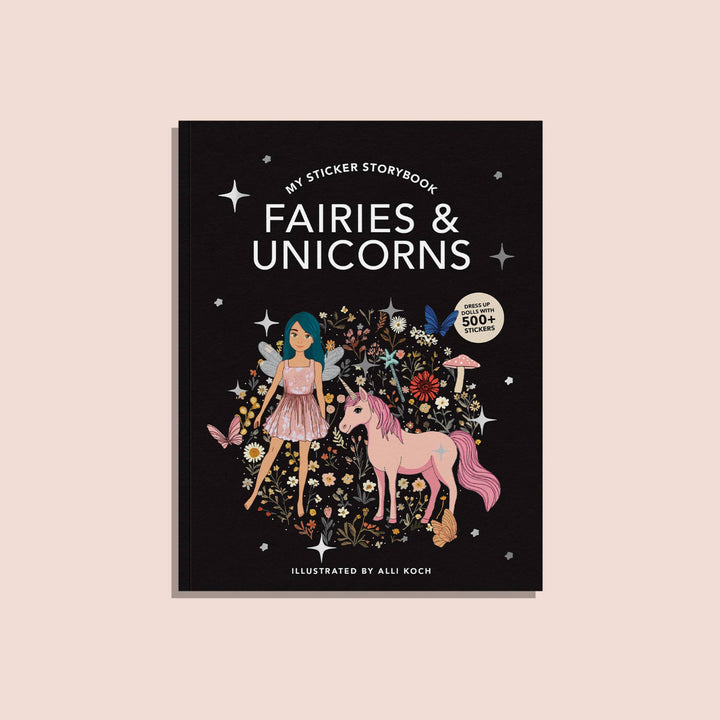 My Sticker Storybook Fairies and Unicorns book cover featuring a fairy, pink unicorn and 500+ stickers